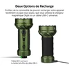 Olight Marauder Mini 2 verte montre deux options de recharge par câble USB-C et chargeur magnétique MCC pour le plein air