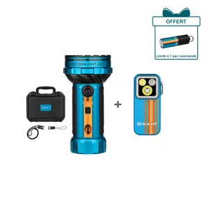 Olight Marauder Mini 2 bleue avec Olight Oclip Pro orange et bleu, plus Perun 2 Mini en cadeau pour activités de plein air.