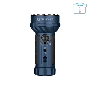 Lampe torche Olight MARAUDER MINI bleue vue de côté avec faisceau de couleurs pour la chasse ou la spéléologie