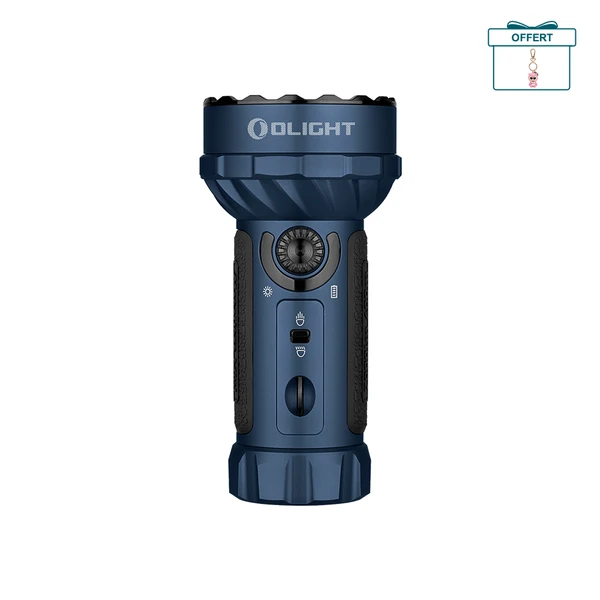 Lampe torche Olight MARAUDER MINI bleue vue de côté avec faisceau de couleurs pour la chasse ou la spéléologie