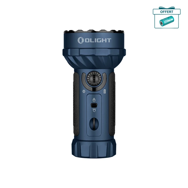 Lampe torche Olight MARAUDER MINI bleue vue de côté avec faisceau de couleurs pour la chasse ou la spéléologie