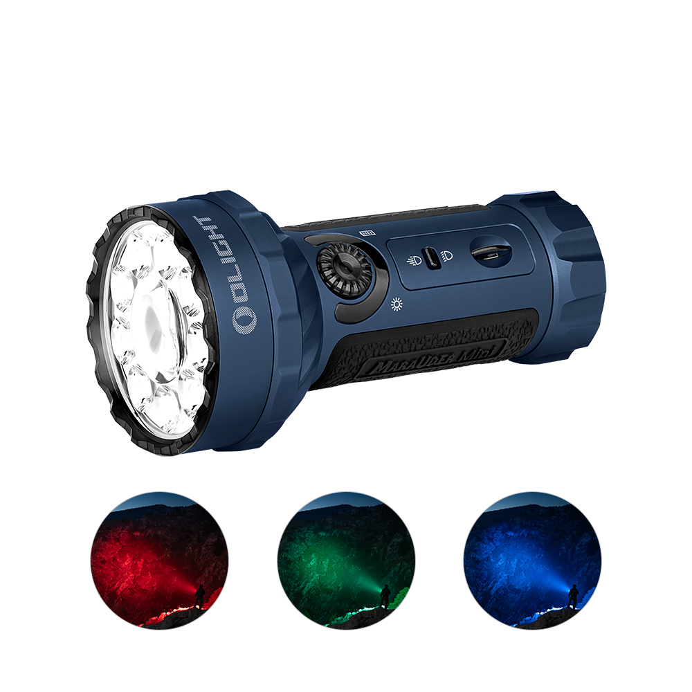 Lampe torche Olight MARAUDER MINI bleue vue de côté avec faisceau de couleurs pour la chasse ou la spéléologie