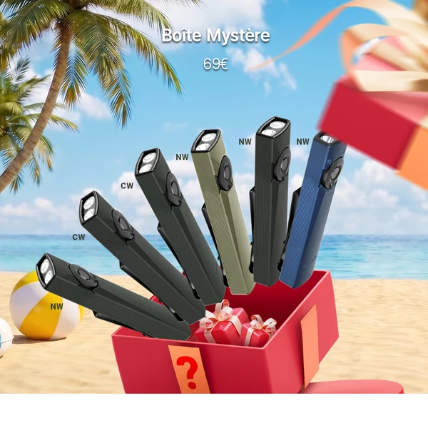 Lampes de poche EDC Olight Arkfeld Ultra multicolores sortant d’une boîte mystère sur une plage tropicale