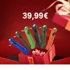 Cinq lampes de poche LED Olight de couleurs diverses, présentées dans une boîte cadeau rouge à 39,99€.