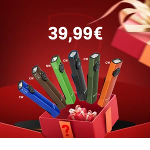 Cinq lampes de poche LED Olight de couleurs diverses, présentées dans une boîte cadeau rouge à 39,99€.