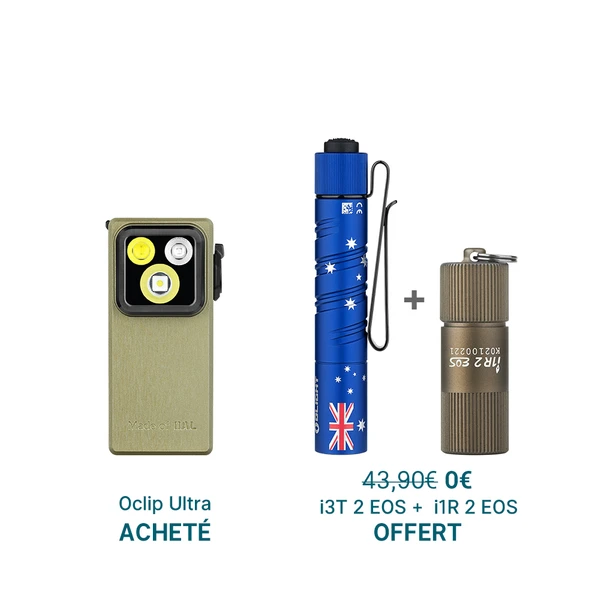 Olight Oclip Ultra vert et lampe i3T 2 EOS bleue édition Australie avec i1R 2 EOS offerte pour edc et quotidien