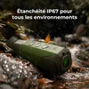 Caméra monoculaire thermique étanche IP67 en pleine nature sous la pluie, feuilles d'automne et eau, appareil vert T6004.