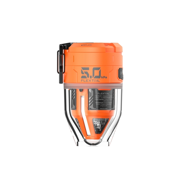 Mini pompe à air Flextail Max Pump 3 orange et transparente de 5 kPa pour camping et matelas gonflables.