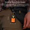Mini lampe de poche orange Olight de format compact et léger fixée à un passant de pantalon d'un randonneur.