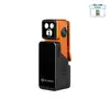 Lampe torche Olight orange et noire avec clip de poche et station de charge sur fond blanc.