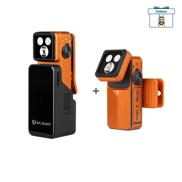 Lampe torche Olight orange avec son chargeur de poche et clip rotatif, idée cadeau EDC et randonnée.
