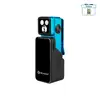 Lampe torche EDC Olight bleue et noire avec étui de recharge portable sur fond blanc