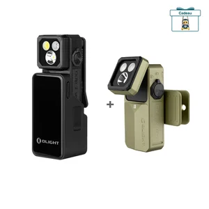 Deux lampes de poche rechargeables Olight noires et vert olive avec têtes pivotantes et clips de fixation EDC