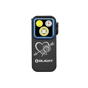 Olight Oclip Pro noir, vue de face, avec motif cœur et rose, lumière de travail portable pour la vie quotidienne.