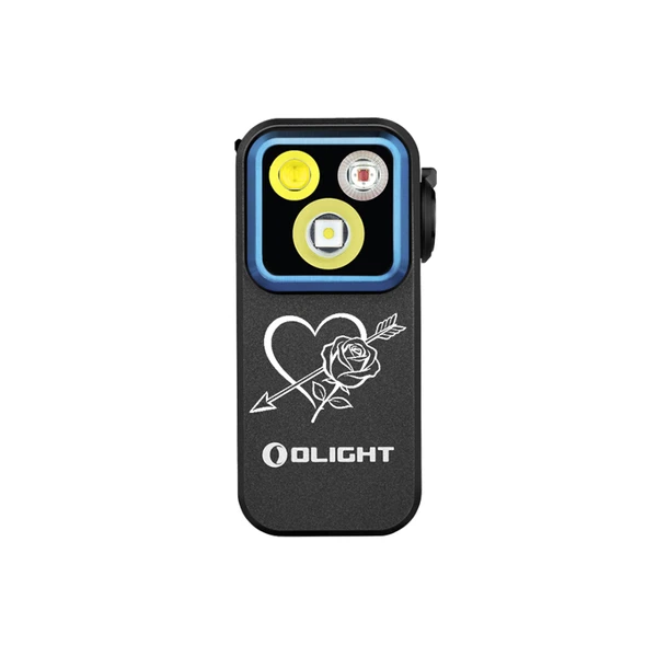 Olight Oclip Pro noir, vue de face, avec motif cœur et rose, lumière de travail portable pour la vie quotidienne.