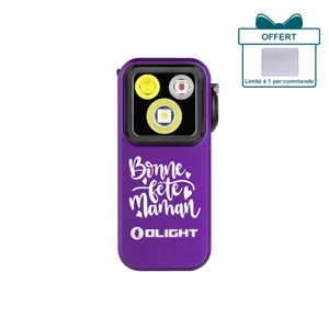 Olight Oclip Pro violet, vue de face avec inscription "Bonne fête Maman" pour un cadeau idéal