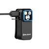 Olight Oclip Pro noir et bleu, vue latérale, rechargeable USB-C avec clip pour utilisation mains libres.