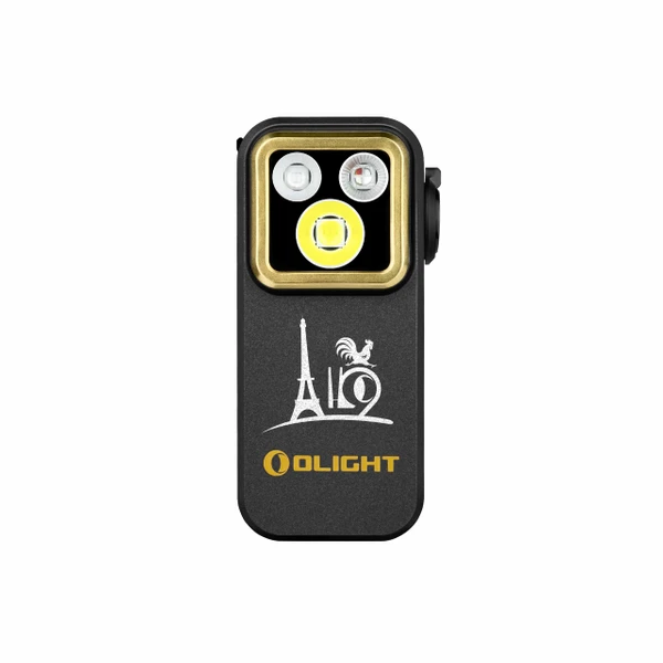 Olight Oclip Pro S noire avec accent doré, vue de face, lampe de poche EDC rechargeable pour une utilisation quotidienne et un éclairage d'appoint.