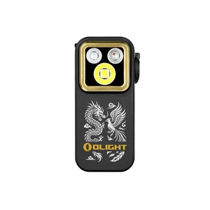 Olight Oclip Pro S noire avec motif dragon et phénix, éclairage multifonctionnel pour usage quotidien.