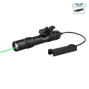 Lampe tactique Olight avec faisceau laser vert et interrupteur de pression déporté pour montage sur arme.