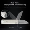 Couteau de poche EDC avec mécanisme flipper et verrouillage par bouton sécurisé sur fond noir.