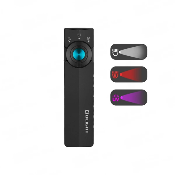 Olight ArkPro Ultra noire avec bouton bleu pour éclairage blanc, rouge et UV polyvalent