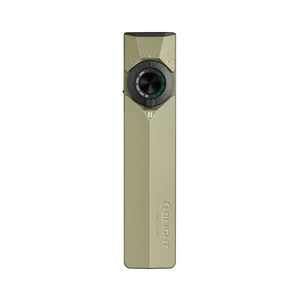 Lampe de poche Olight ArkPro Ultra beige avec indicateurs de modes LED, laser vert et lumière UV pour le camping.