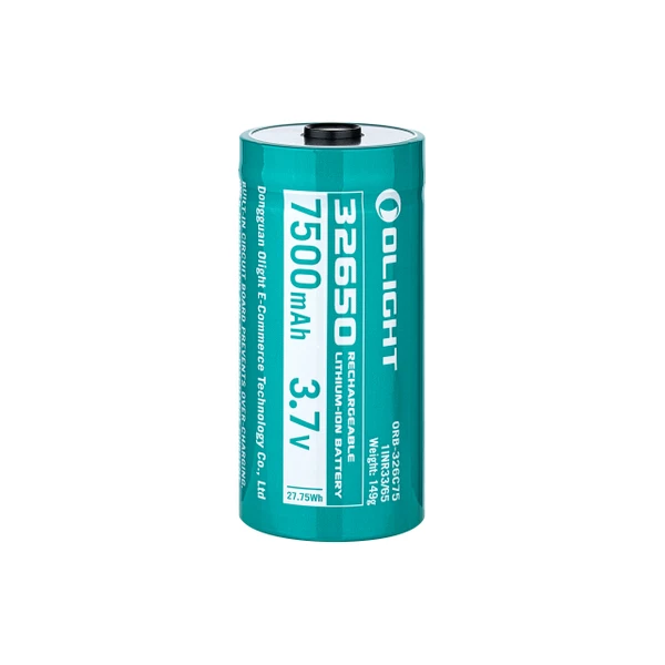 Pile lithium-ion rechargeable Olight 32650, 7500mAh 3.7V, 27.75Wh. Circuit de protection intégré.