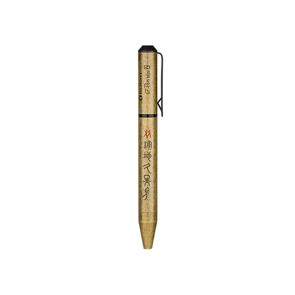 Stylo à bille Olight O Pen Mini 2 en laiton antique avec clip de poche et inscription chinoise.