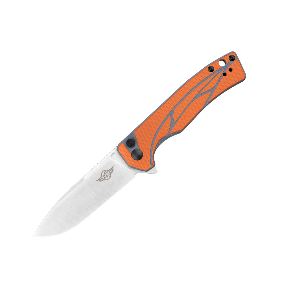 Couteau pliant de survie OKnife orange et gris avec lame en acier inoxydable, poignée texturée, couteau EDC