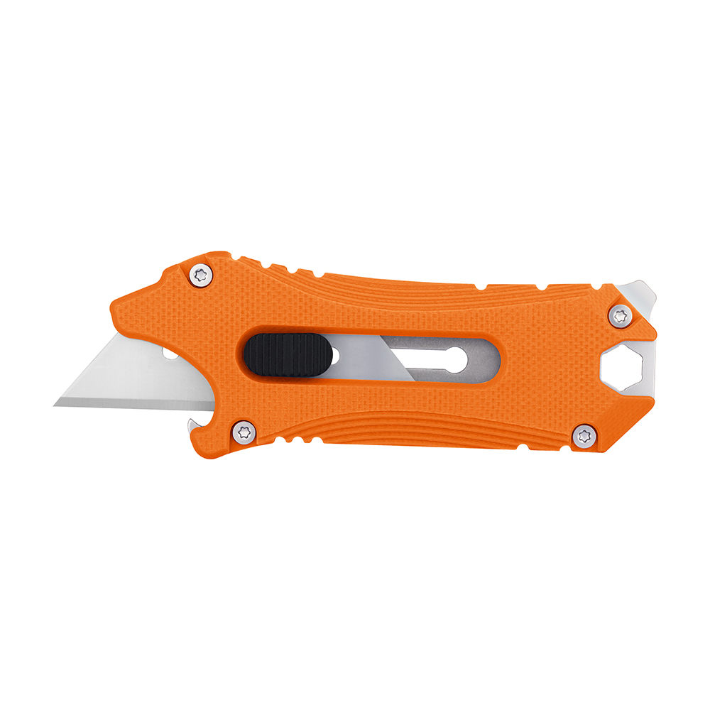 Cutter multifonction orange avec lame de rechange, décapsuleur et clé hexagonale