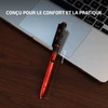 Stylo lampe Olight Open 3 rouge et noir ergonomique de 6,10 pouces posé sur un ordinateur portable pour le bureau