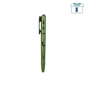 Stylo lampe Olight Open 3 vert avec clip et grip texturé, idéal pour l'écriture et le transport quotidien EDC.