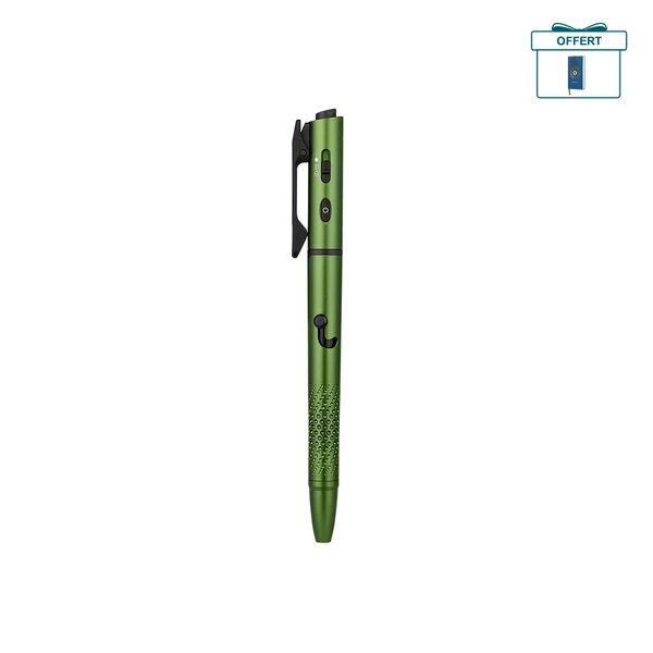 Stylo lampe Olight Open 3 vert avec clip et grip texturé, idéal pour l'écriture et le transport quotidien EDC.