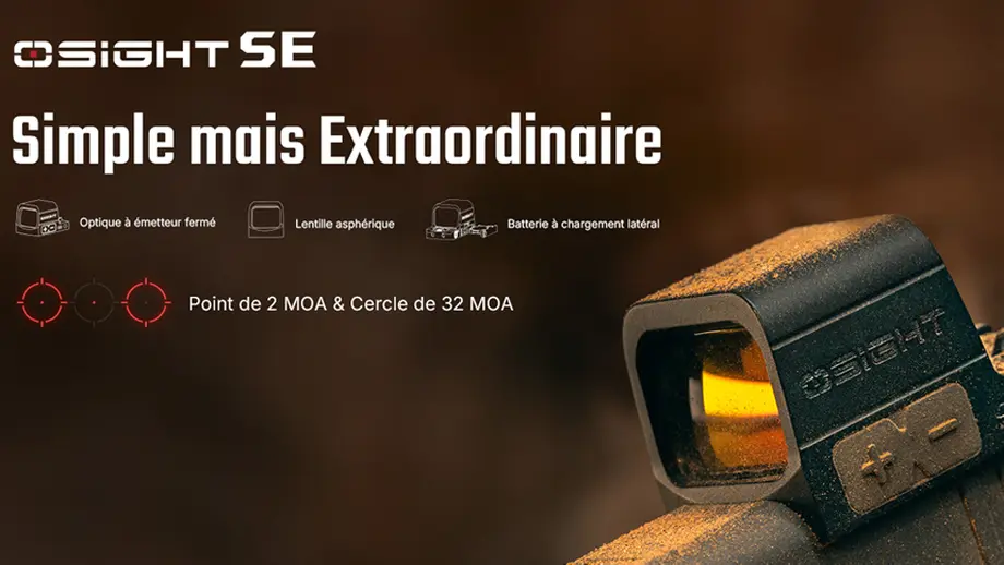Viseur point rouge Olight OSIGHT SE, optique à émetteur fermé, lentille asphérique, réticule 2 MOA/32 MOA, batterie latérale.