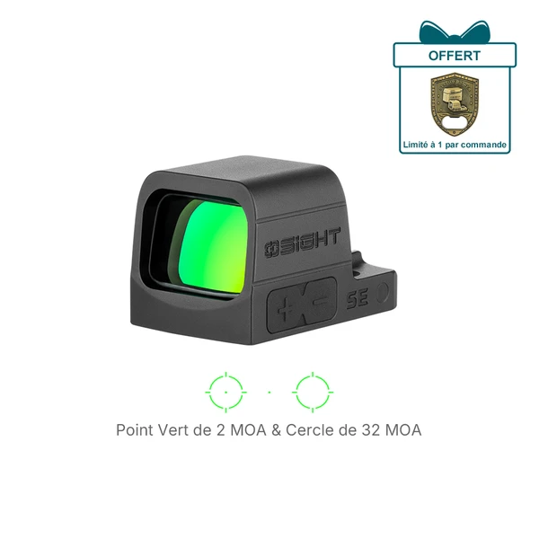 Olight Osight SE noir, vue latérale, viseur point vert 2 MOA et cercle 32 MOA pour tir de précision.