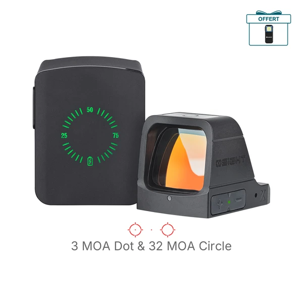 Viseur point rouge Osight Olight avec boîtier de recharge et indicateur de batterie vert.