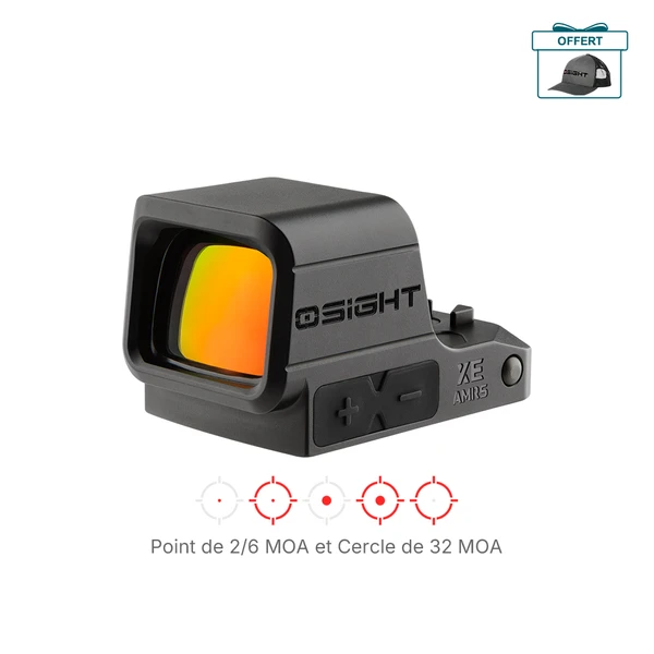 Viseur point rouge Olight Osight XE noir de profil avec options de réticule point 2/6 MOA et cercle 32 MOA pour tir de précision