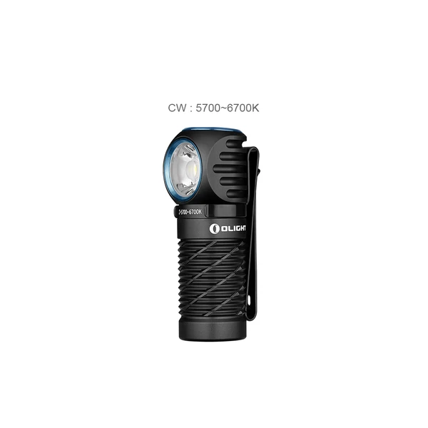 Olight Perun 2 Mini noir avec clip, lampe frontale mains libres compacte pour activités extérieures.