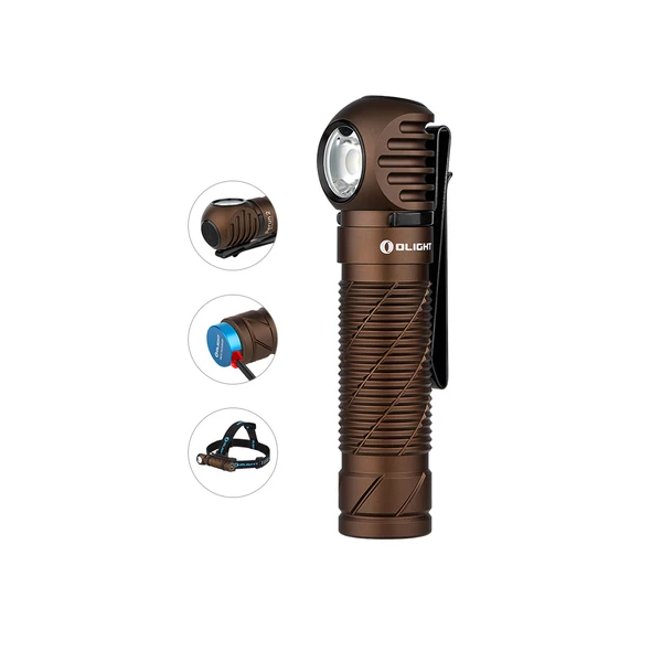 Lampe frontale OLIGHT Perun 2 mini de couleur bronze, 3-en-1 avec recharge magnétique et bandeau frontal