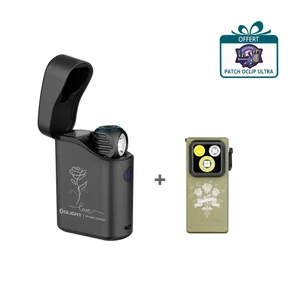 Olight Perun 3 Mini noire et Oclip Ultra Made of HAL verte avec chargeur sans fil, pour éclairage portable et recharge.