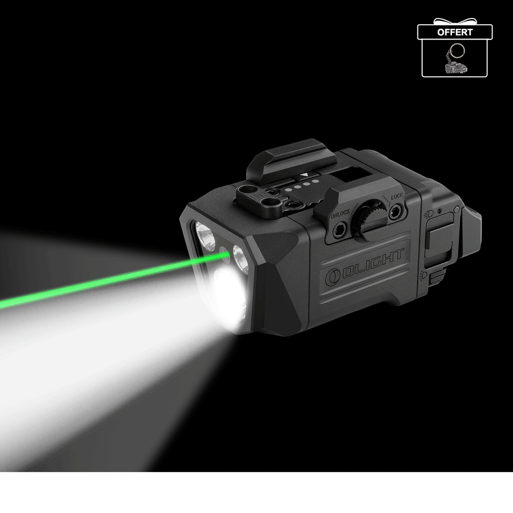 Lampe tactique noire Olight avec faisceau lumineux blanc et laser vert sur fond noir