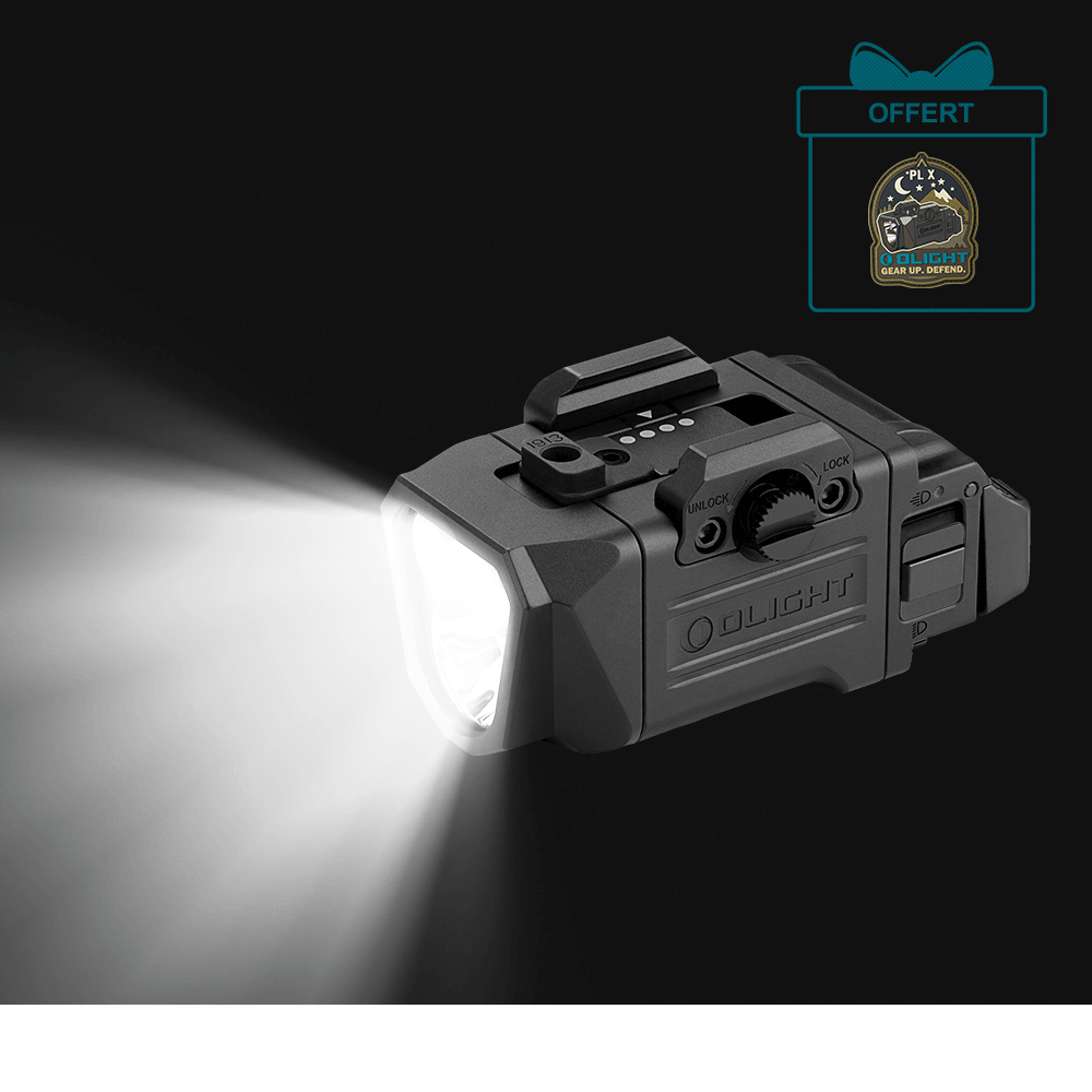 Lampe de poche Olight tactique noire éclairant dans l'obscurité, cadeau "OFFERT" avec logo Olight.