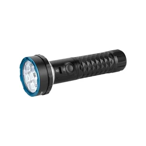 Lampe torche noire étanche à LED avec corps texturé et bordure bleue pour la plongée