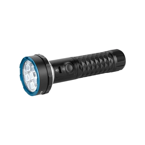 Lampe torche noire étanche à LED avec corps texturé et bordure bleue pour la plongée
