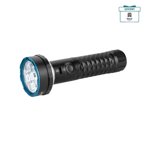 Lampe torche noire étanche à LED avec corps texturé et bordure bleue pour la plongée
