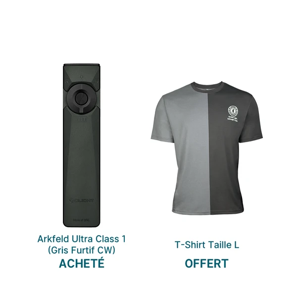 Lampe de poche Olight Arkfeld Ultra Gris Furtif avec T-shirt gris offert pour un pack EDC quotidien complet