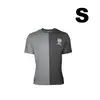 T-shirt bicolore gris clair et foncé taille S avec logo imprimé sur la poitrine, style sportswear moderne.