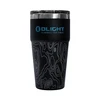 Gobelet isotherme Olight noir avec logo bleu et motif topographique argenté.