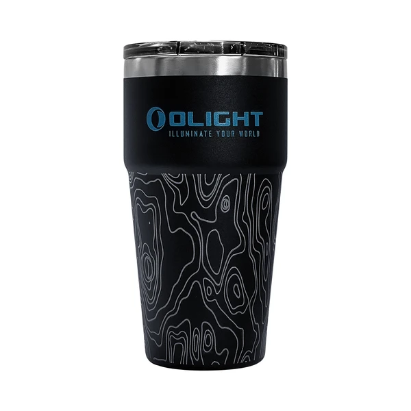 Gobelet isotherme Olight noir avec logo bleu et motif topographique argenté.